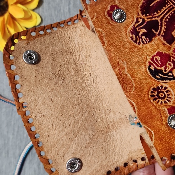 Handmade Indian Tooled Leather Crossbody Mini Clutch Purse Satchel Handbag - Picture 8 of 11